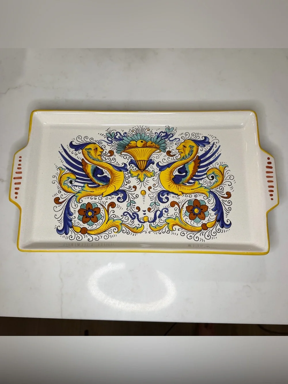 Hand-Painted Ceramic Serving Platter - Yellow & Blue Ornate Design
